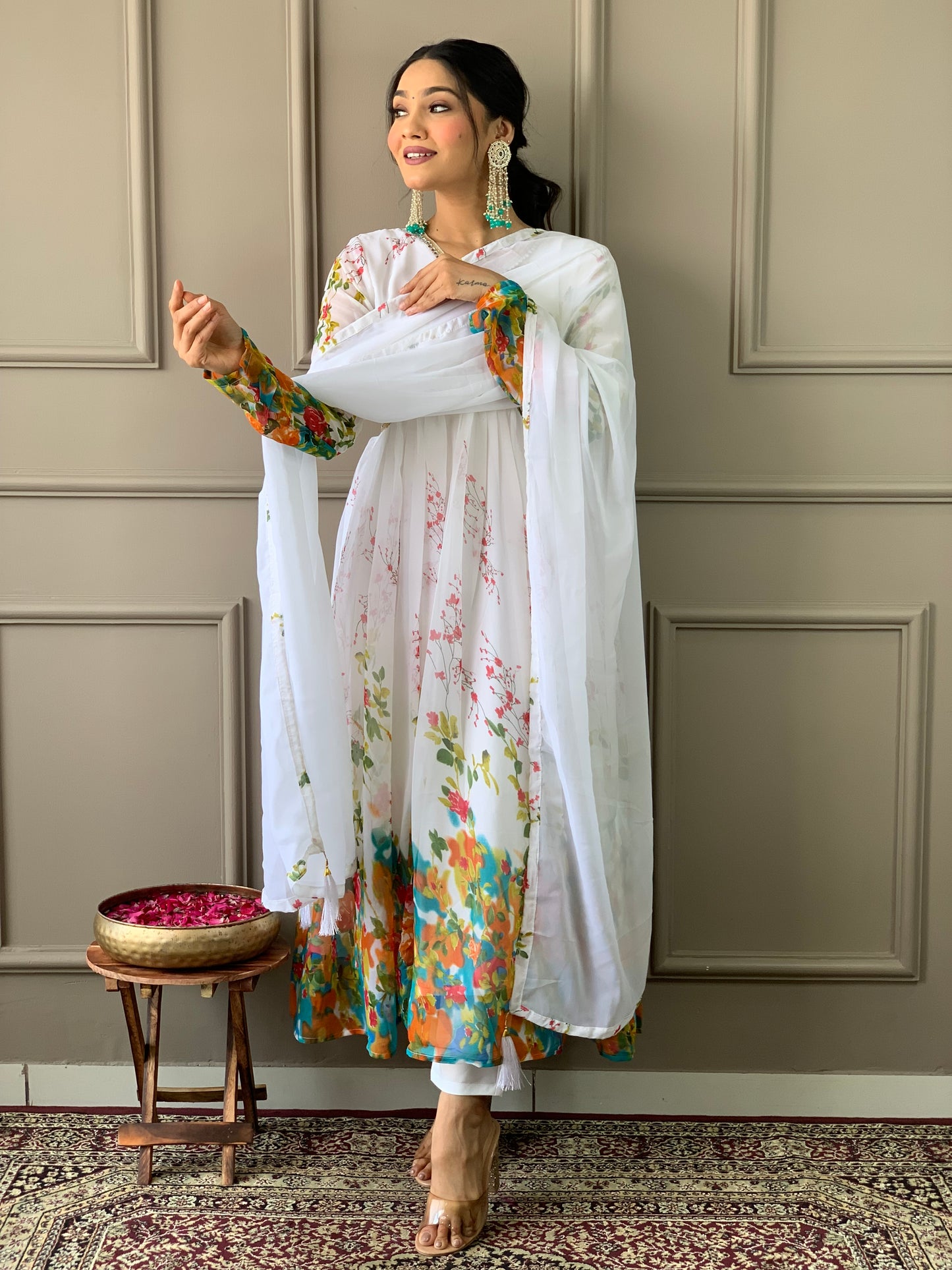 WHITE GEORGETTE EMBROIDERY WORK KURTI PANT WITH FANCY DUPATTA