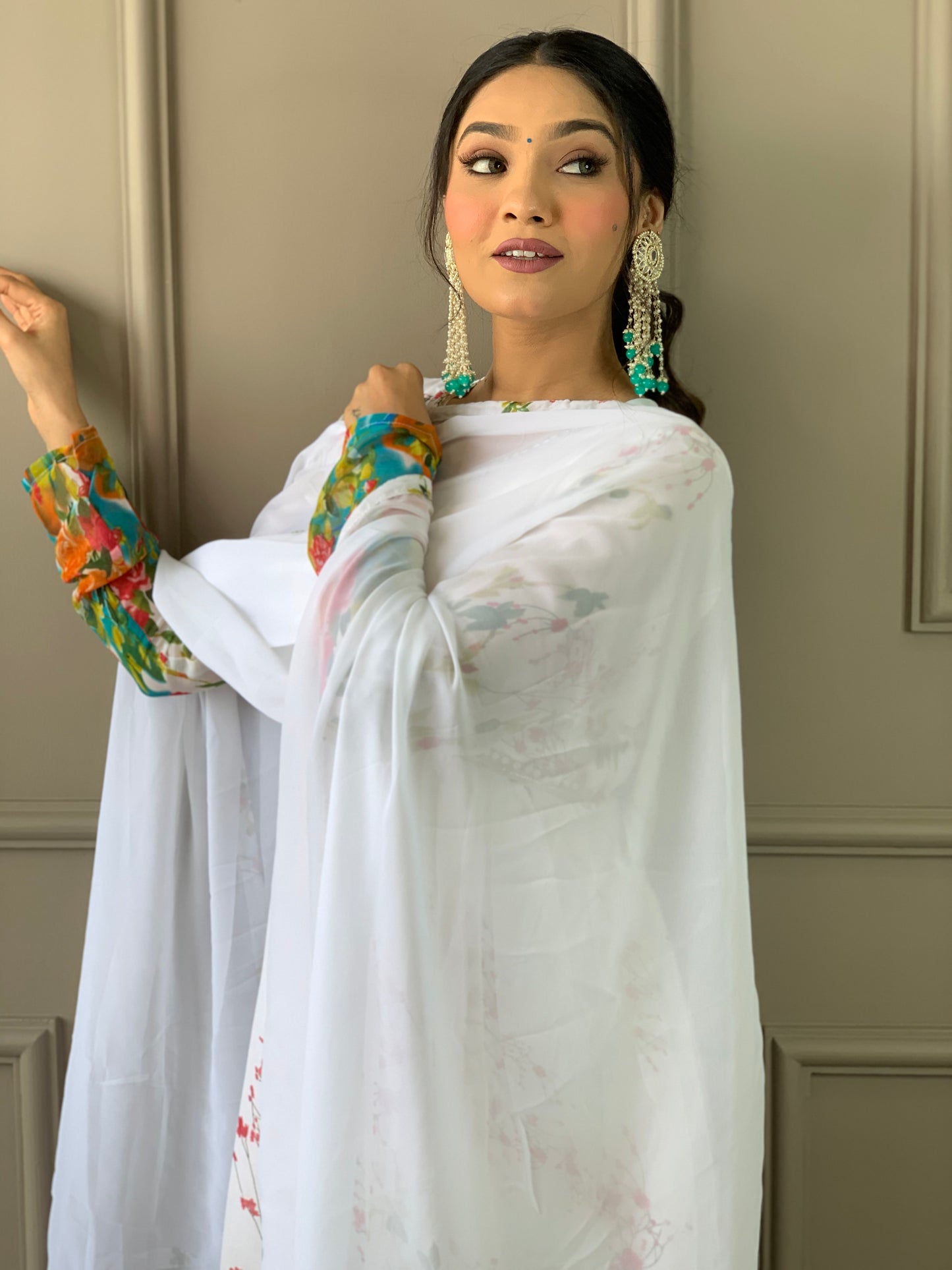 WHITE GEORGETTE EMBROIDERY WORK KURTI PANT WITH FANCY DUPATTA