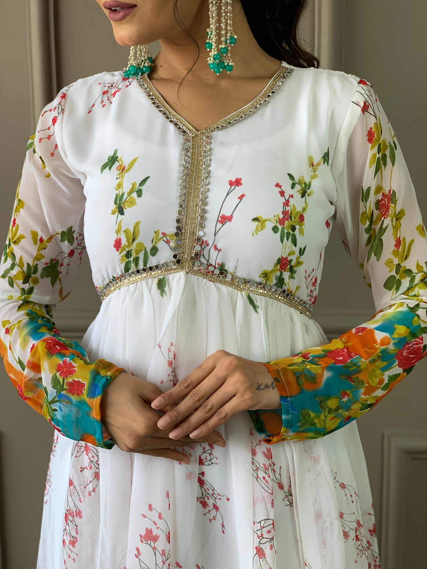 WHITE GEORGETTE EMBROIDERY WORK KURTI PANT WITH FANCY DUPATTA