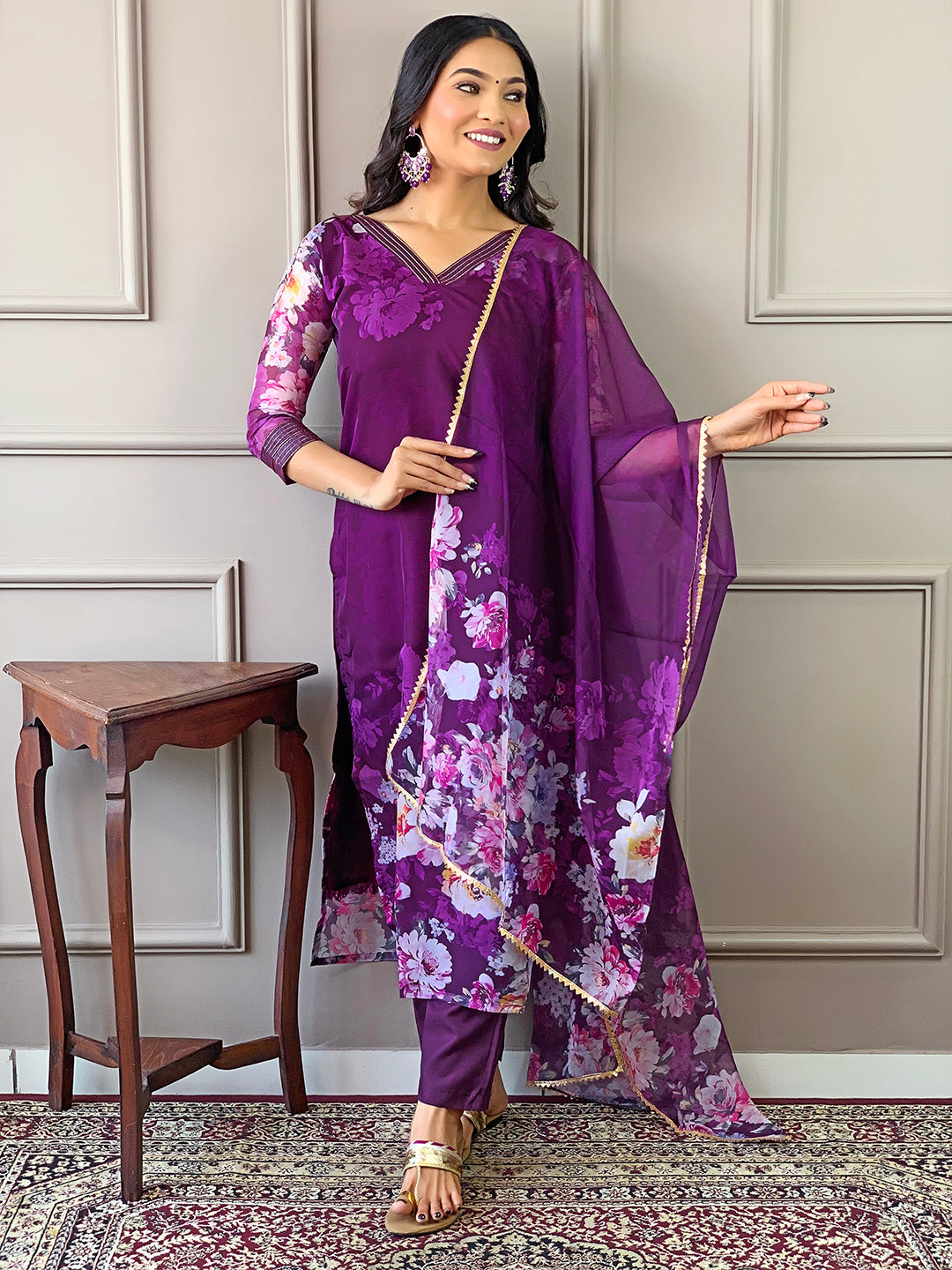 WINE TEBY SILK EMBROIDERY WORK KURTI PANT WITH FANCY DUPATTA