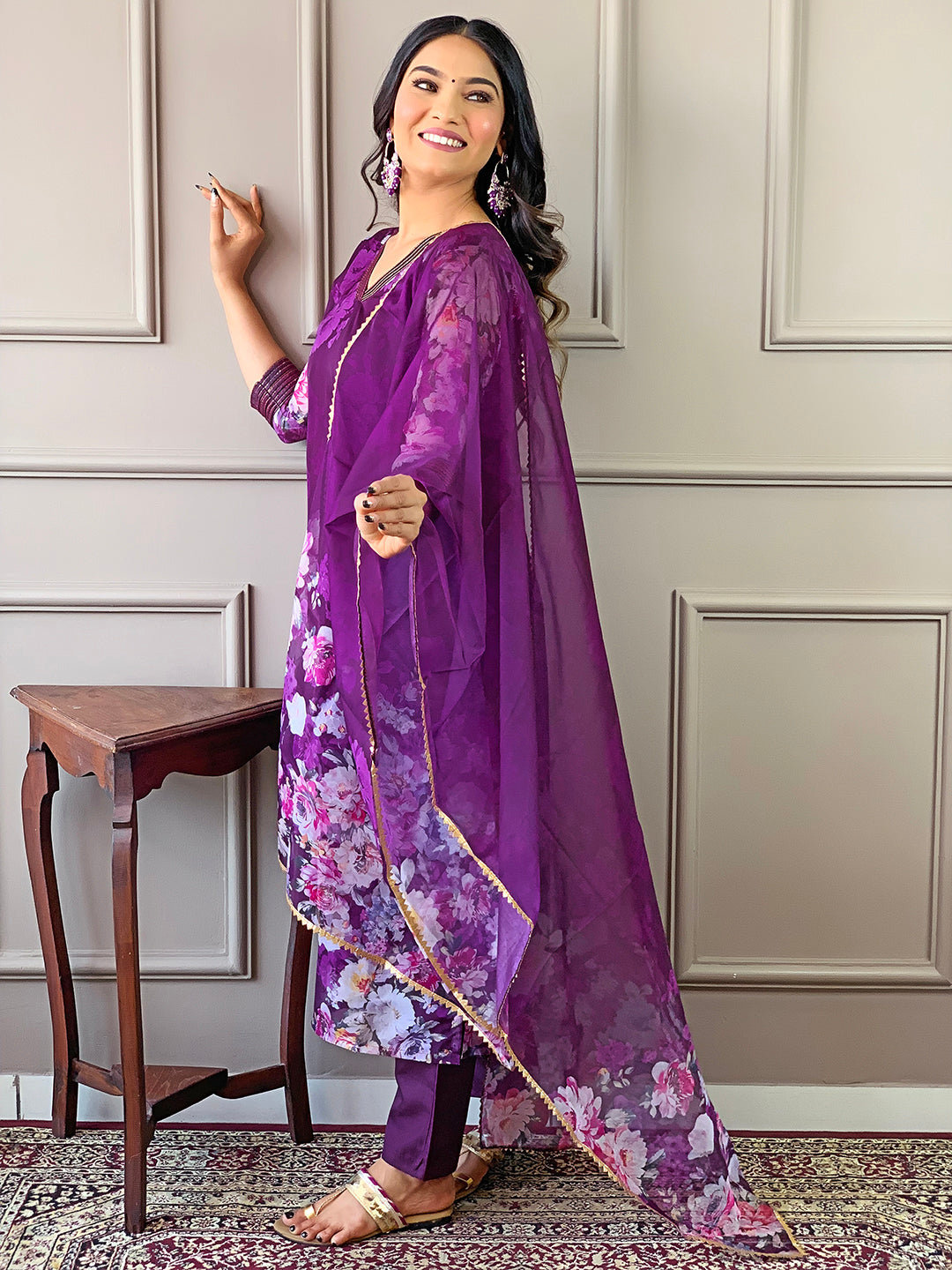 WINE TEBY SILK EMBROIDERY WORK KURTI PANT WITH FANCY DUPATTA