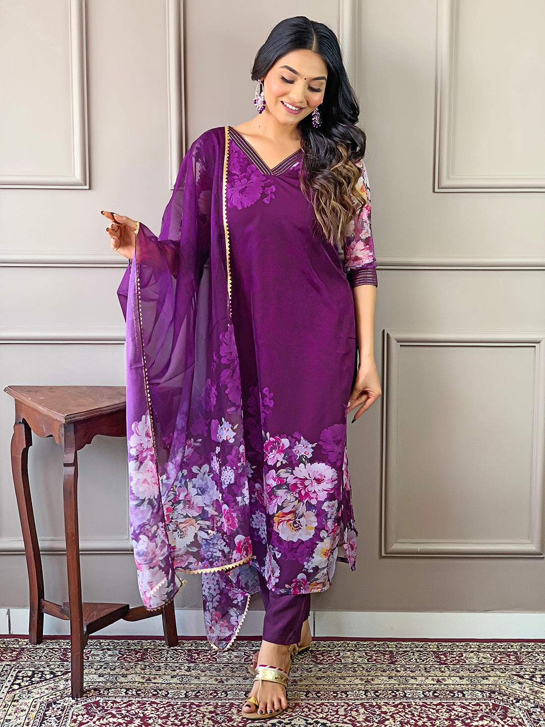 WINE TEBY SILK EMBROIDERY WORK KURTI PANT WITH FANCY DUPATTA