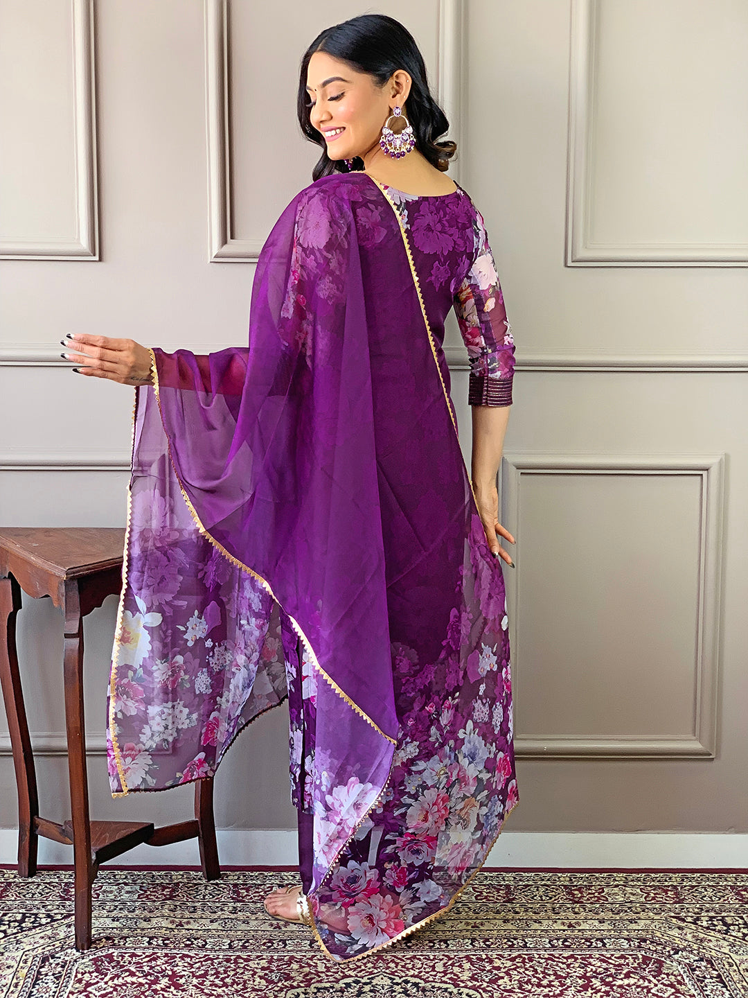 WINE TEBY SILK EMBROIDERY WORK KURTI PANT WITH FANCY DUPATTA