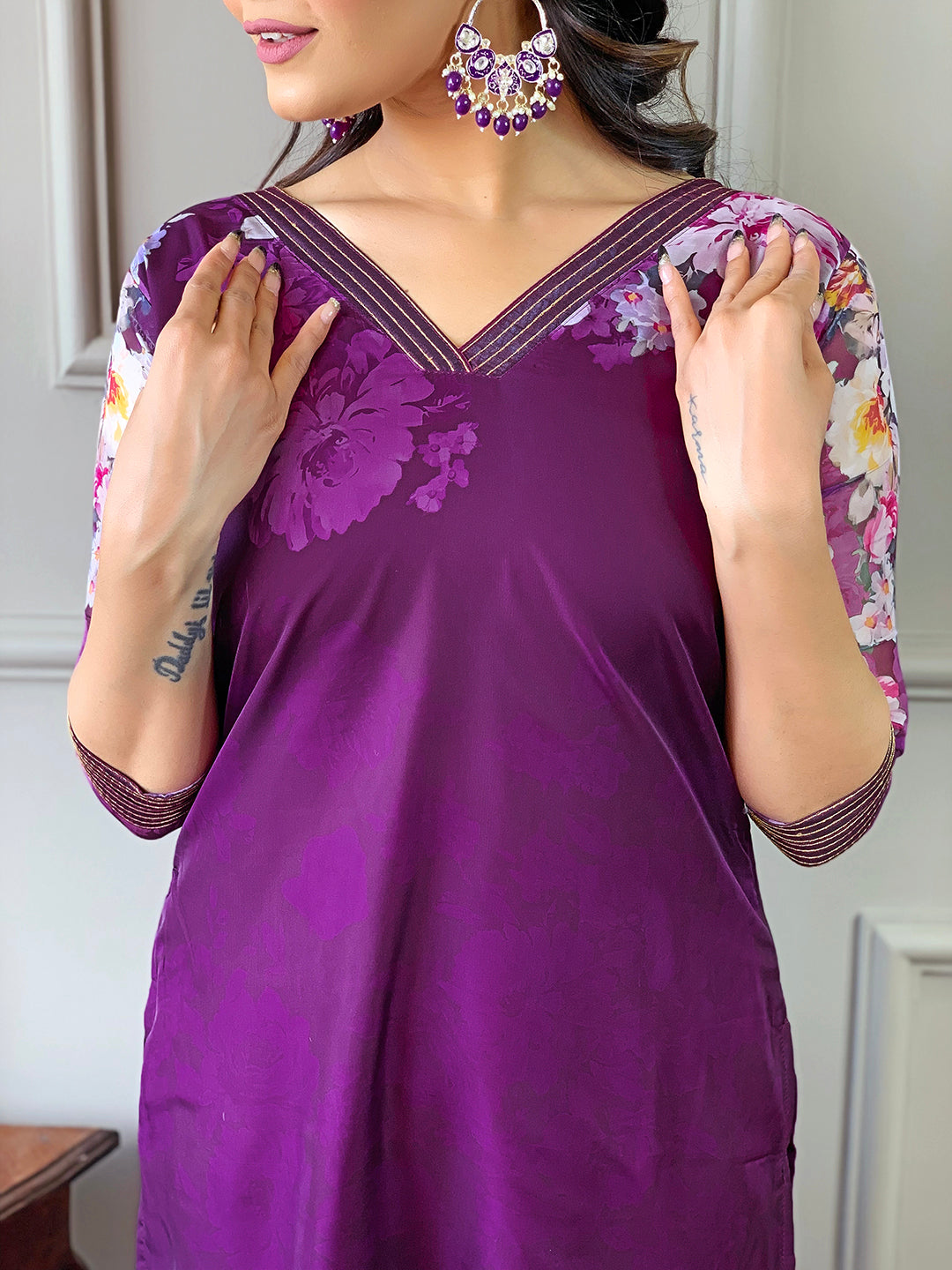 WINE TEBY SILK EMBROIDERY WORK KURTI PANT WITH FANCY DUPATTA