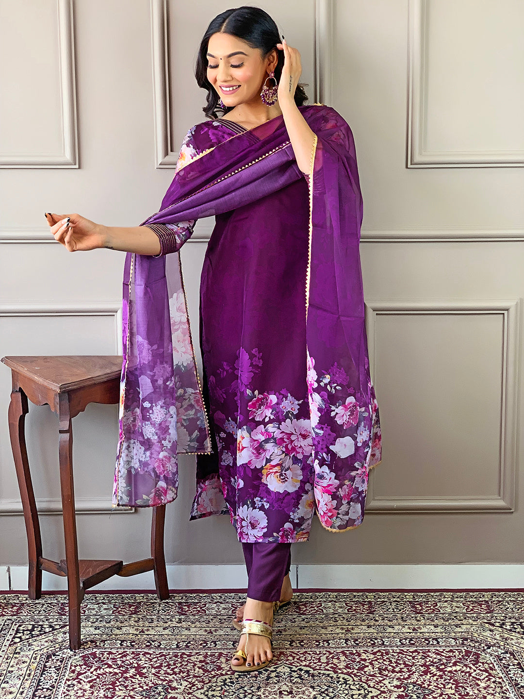 WINE TEBY SILK EMBROIDERY WORK KURTI PANT WITH FANCY DUPATTA