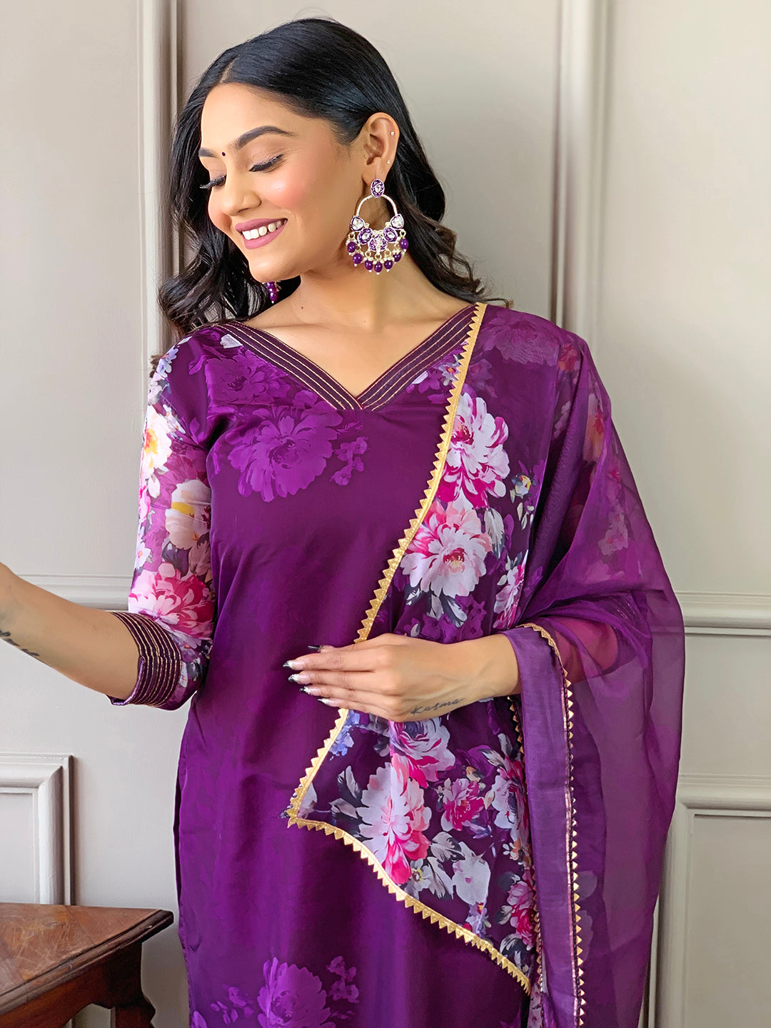 WINE TEBY SILK EMBROIDERY WORK KURTI PANT WITH FANCY DUPATTA