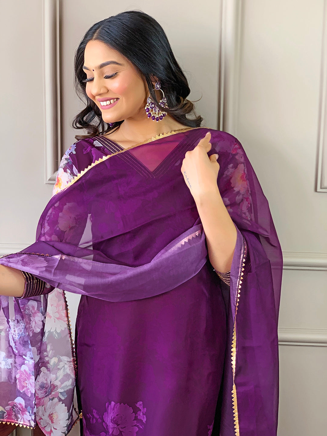 WINE TEBY SILK EMBROIDERY WORK KURTI PANT WITH FANCY DUPATTA