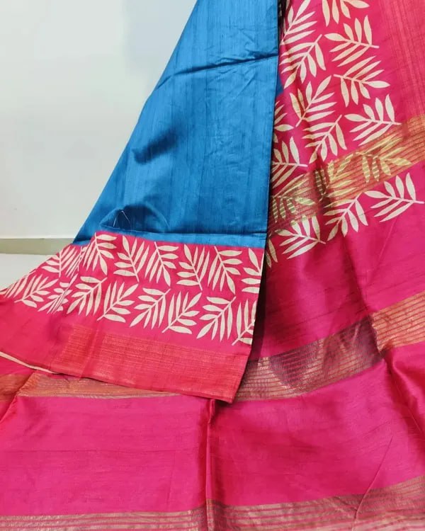 Blue and Red Soft Tussar Silk Saree With Beautiful Print With Attractive Pallu And Contrast Pallu With Tassal