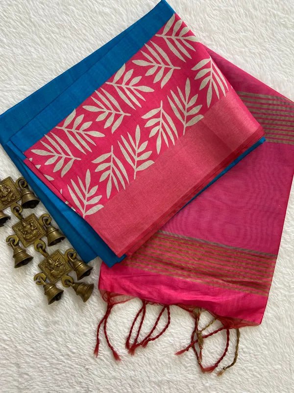 Blue and Red Soft Tussar Silk Saree With Beautiful Print With Attractive Pallu And Contrast Pallu With Tassal