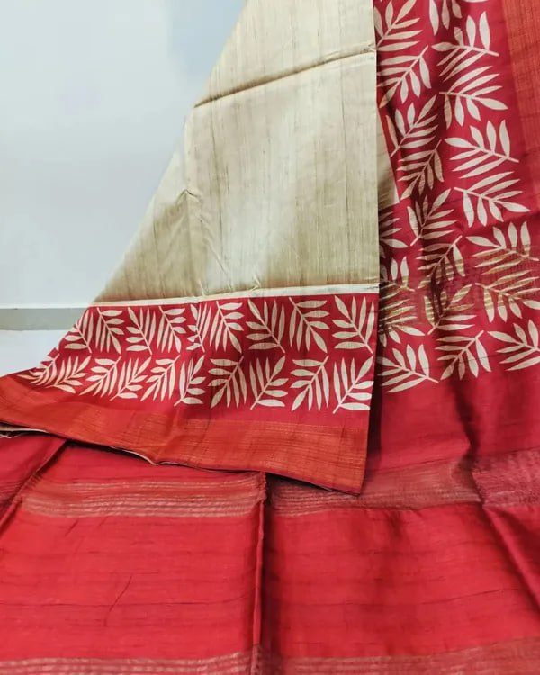 SOFT TUSSAR SILK SAREE WITH BEAUTIFUL PRINT WITH ATTRACTIVE PALLU AND CONTRAST PALLU WITH TASSAL