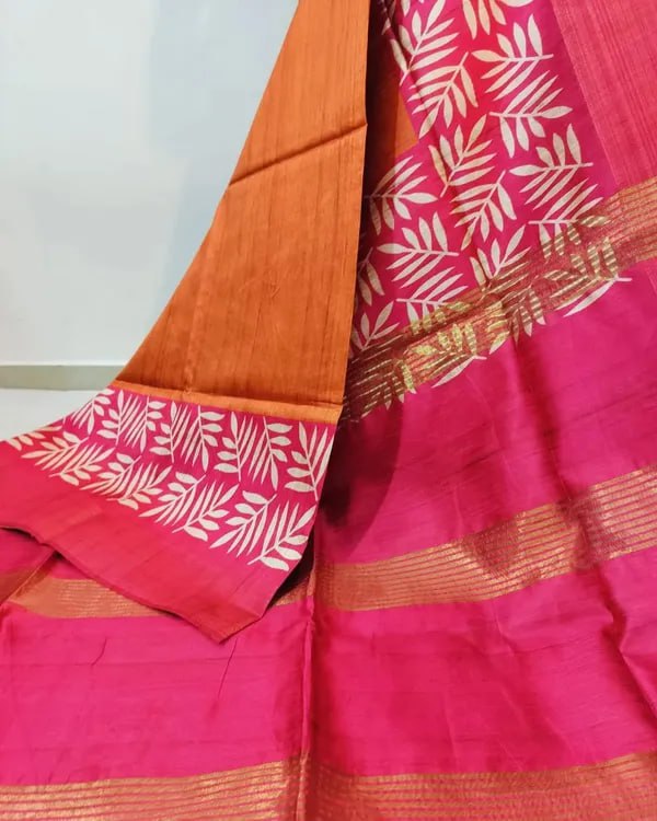 SOFT TUSSAR SILK SAREE WITH BEAUTIFUL PRINT WITH ATTRACTIVE PALLU AND CONTRAST PALLU WITH TASSAL
