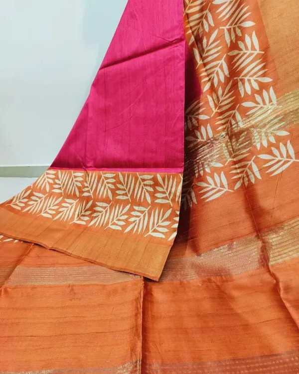 SOFT TUSSAR SILK SAREE WITH BEAUTIFUL PRINT WITH ATTRACTIVE PALLU AND CONTRAST PALLU WITH TASSAL