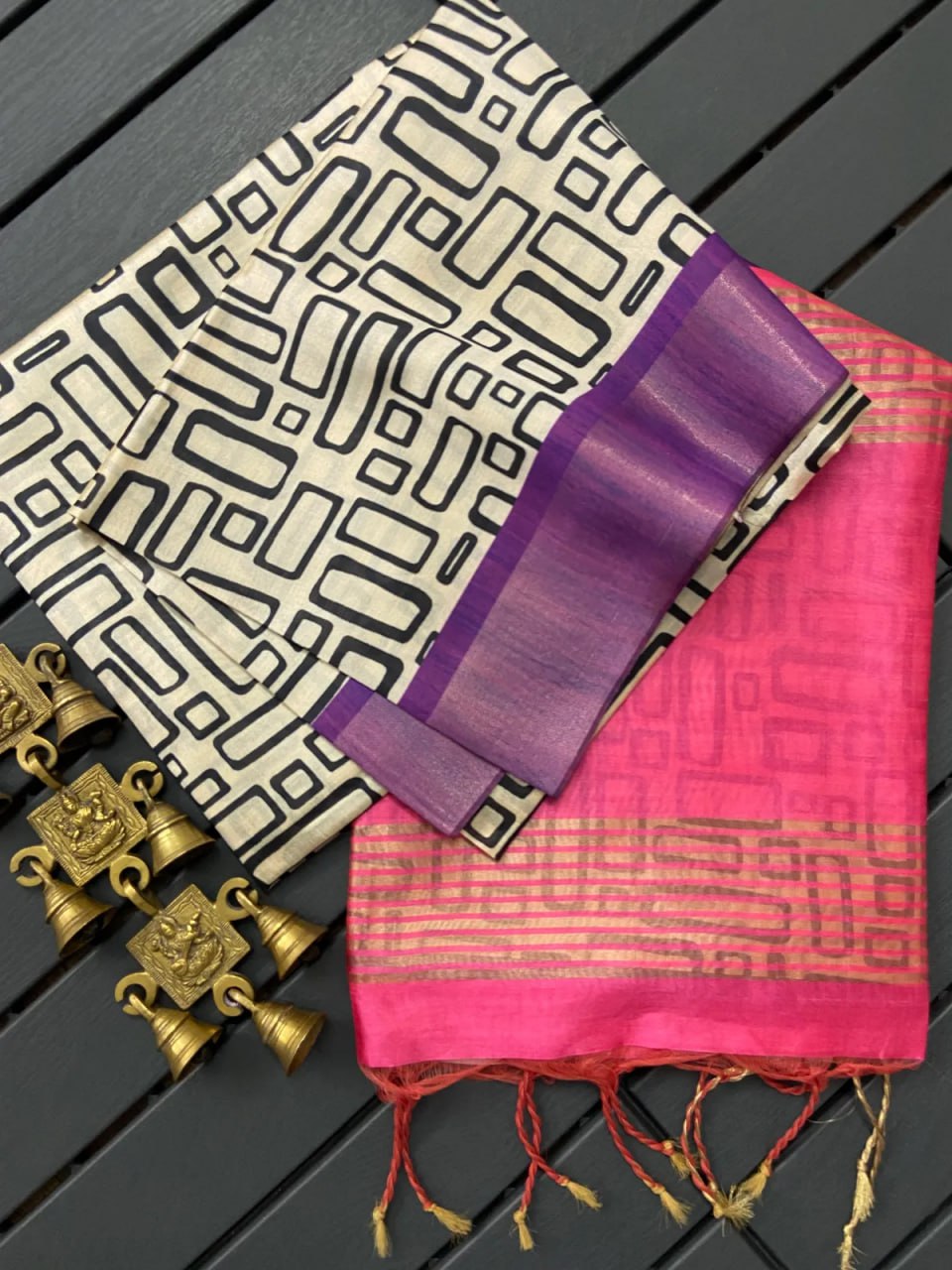 Purple Soft Tussar Silk Saree With Beautiful Print With Attractive Pallu And Contrast Pallu With Tassal