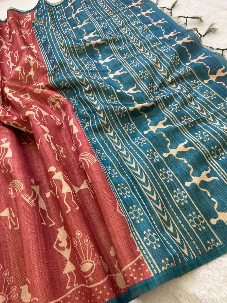 Blue Soft Tussar Silk Saree With Beautiful Print With Attractive Pallu And Contrast Pallu With Tassal