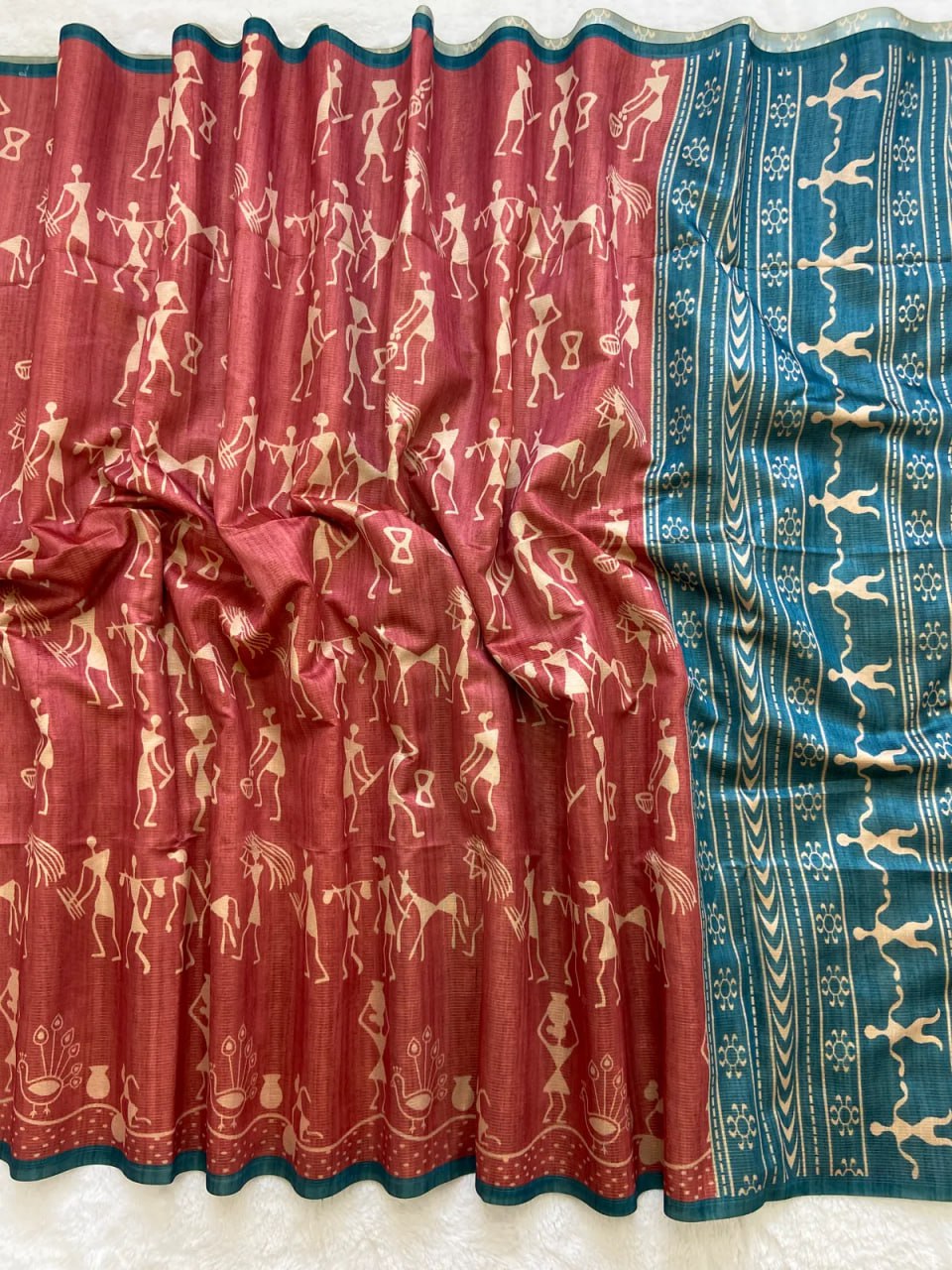 Blue Soft Tussar Silk Saree With Beautiful Print With Attractive Pallu And Contrast Pallu With Tassal
