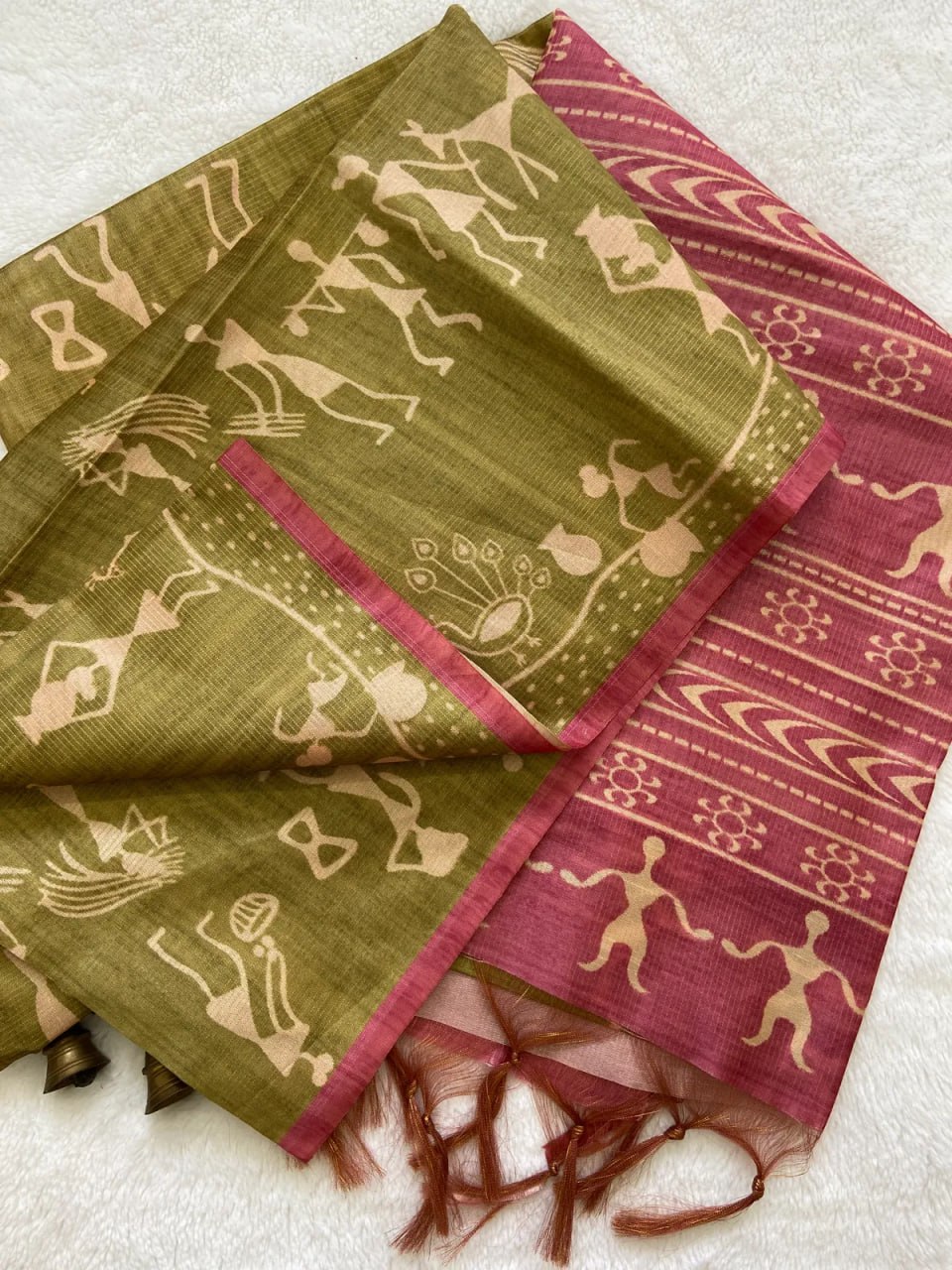 Mehndi Soft Tussar Silk Saree With Beautiful Print With Attractive Pallu And Contrast Pallu With Tassal