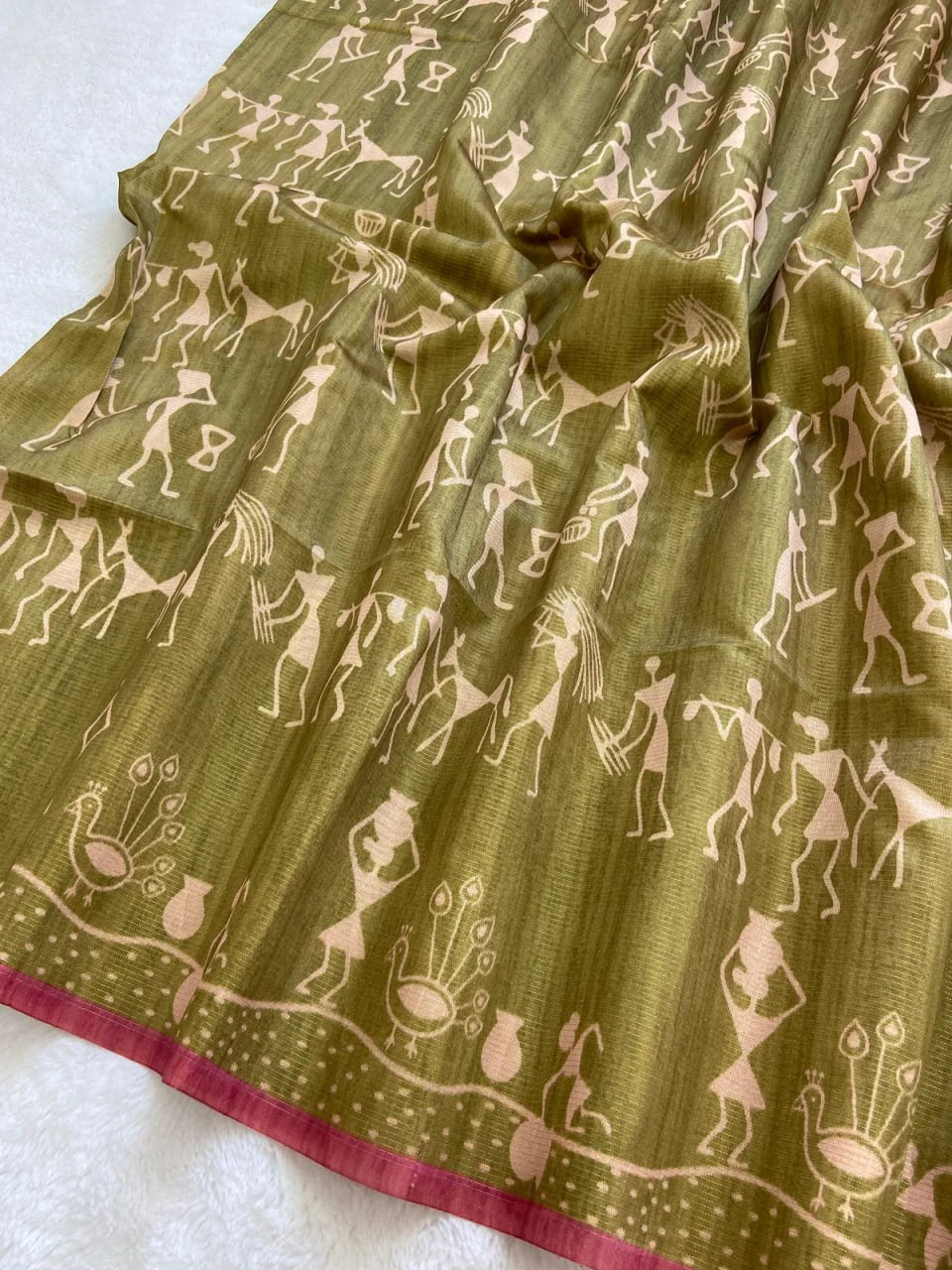 Mehndi Soft Tussar Silk Saree With Beautiful Print With Attractive Pallu And Contrast Pallu With Tassal