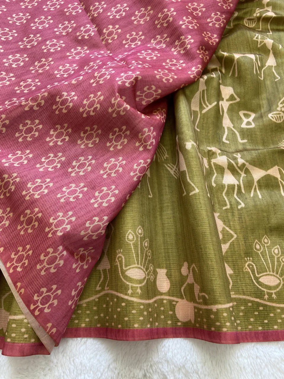Mehndi Soft Tussar Silk Saree With Beautiful Print With Attractive Pallu And Contrast Pallu With Tassal