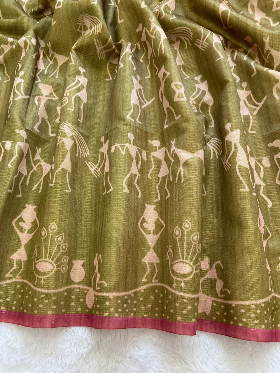 Mehndi Soft Tussar Silk Saree With Beautiful Print With Attractive Pallu And Contrast Pallu With Tassal