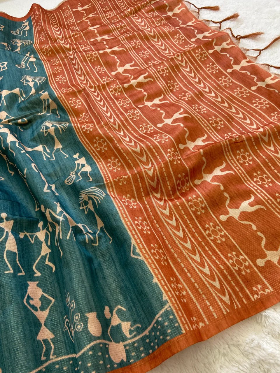 Orange Soft Tussar Silk Saree With Beautiful Print With Attractive Pallu And Contrast Pallu With Tassal
