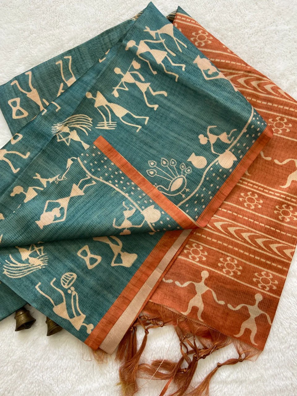 Orange Soft Tussar Silk Saree With Beautiful Print With Attractive Pallu And Contrast Pallu With Tassal