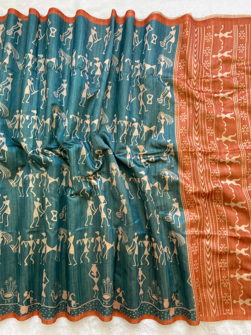 Orange Soft Tussar Silk Saree With Beautiful Print With Attractive Pallu And Contrast Pallu With Tassal