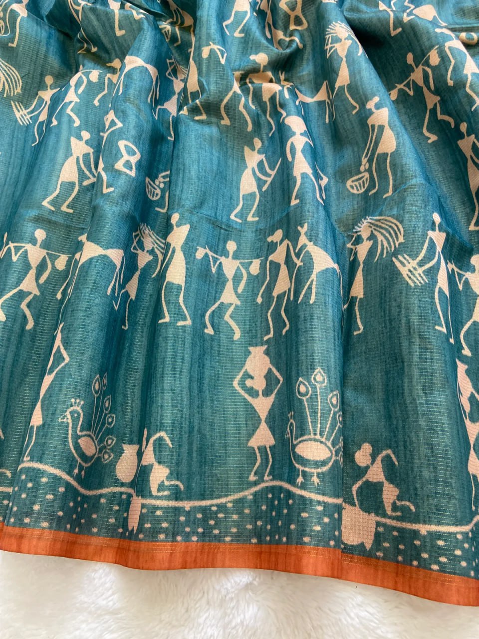 Orange Soft Tussar Silk Saree With Beautiful Print With Attractive Pallu And Contrast Pallu With Tassal
