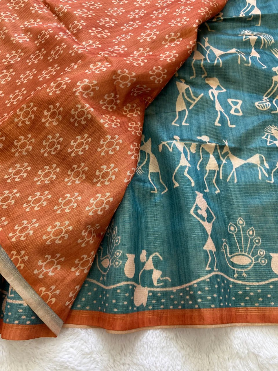 Orange Soft Tussar Silk Saree With Beautiful Print With Attractive Pallu And Contrast Pallu With Tassal