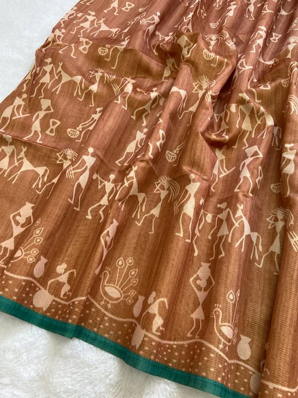 Teal Soft Tussar Silk Saree With Beautiful Print With Attractive Pallu And Contrast Pallu With Tassal