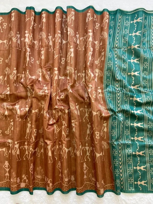 Teal Soft Tussar Silk Saree With Beautiful Print With Attractive Pallu And Contrast Pallu With Tassal