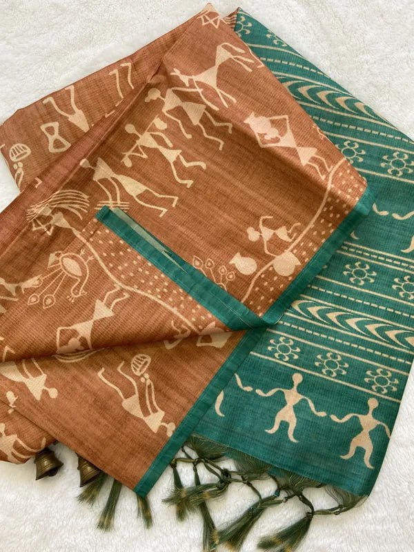 Teal Soft Tussar Silk Saree With Beautiful Print With Attractive Pallu And Contrast Pallu With Tassal