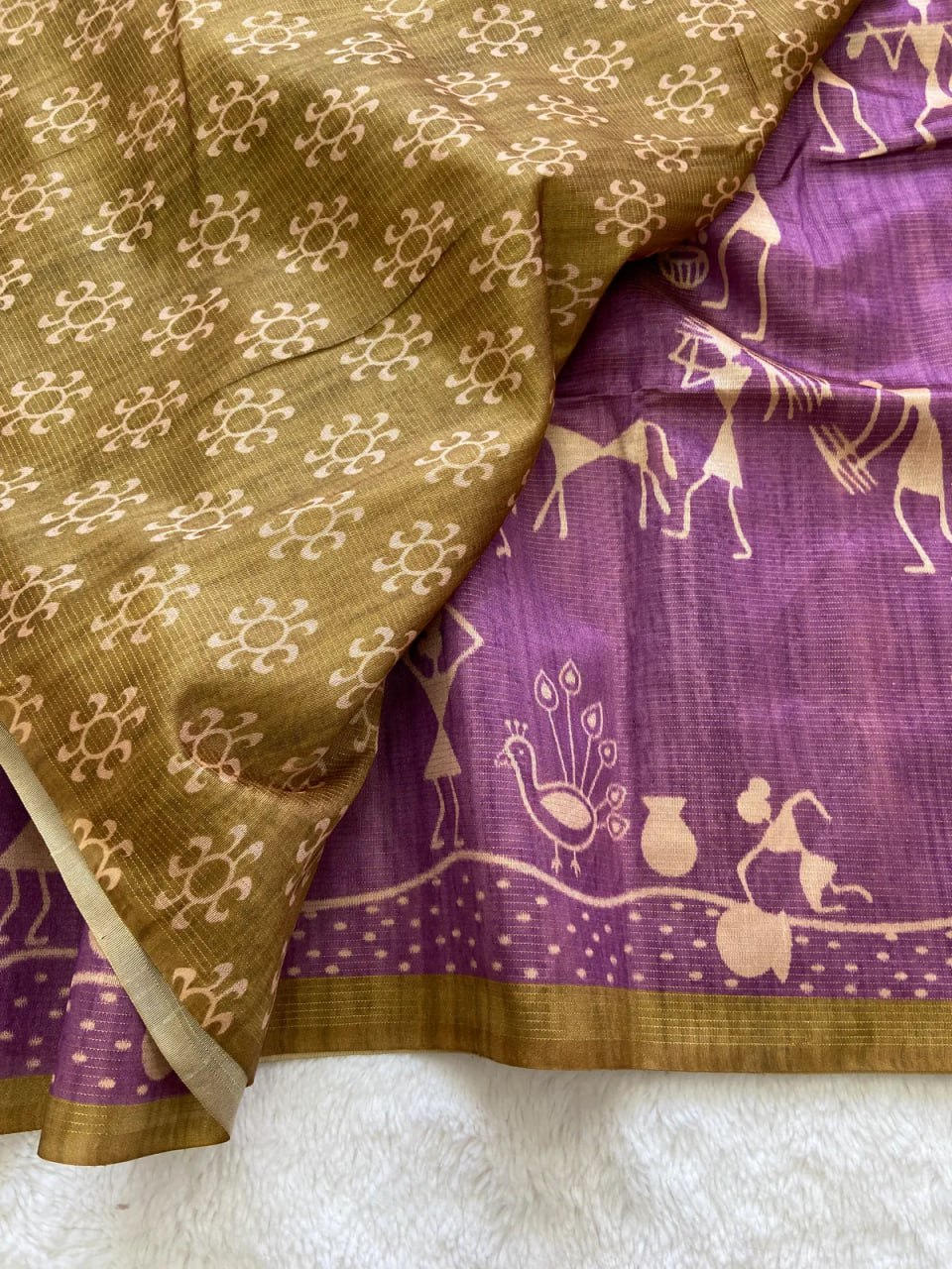 Yellow Soft Tussar Silk Saree With Beautiful Print With Attractive Pallu And Contrast Pallu With Tassal