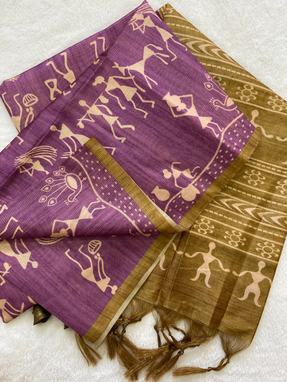 Yellow Soft Tussar Silk Saree With Beautiful Print With Attractive Pallu And Contrast Pallu With Tassal
