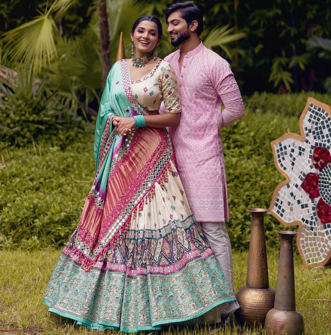 Pista White Color Lehengha Choli With Heavy Mirror Work And Dupatta
