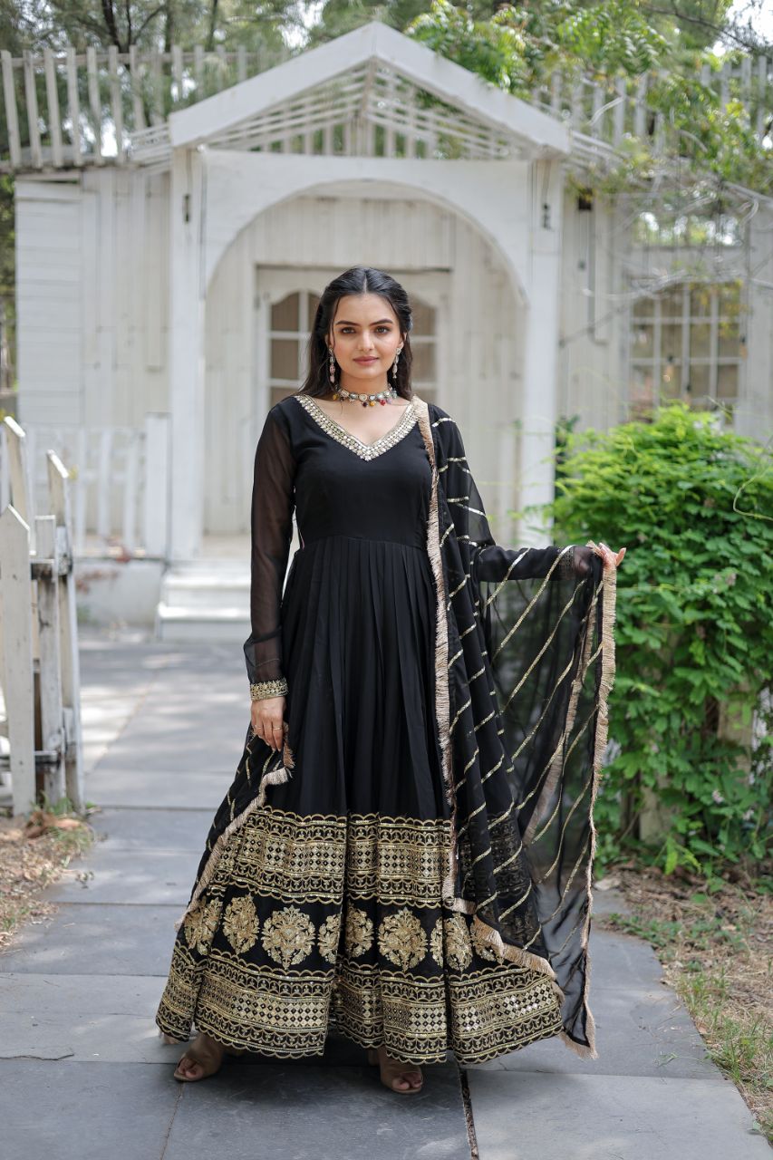*Faux Blooming Gown with Dupatta With Attractive Embroidered Sequins work with Lace Border.