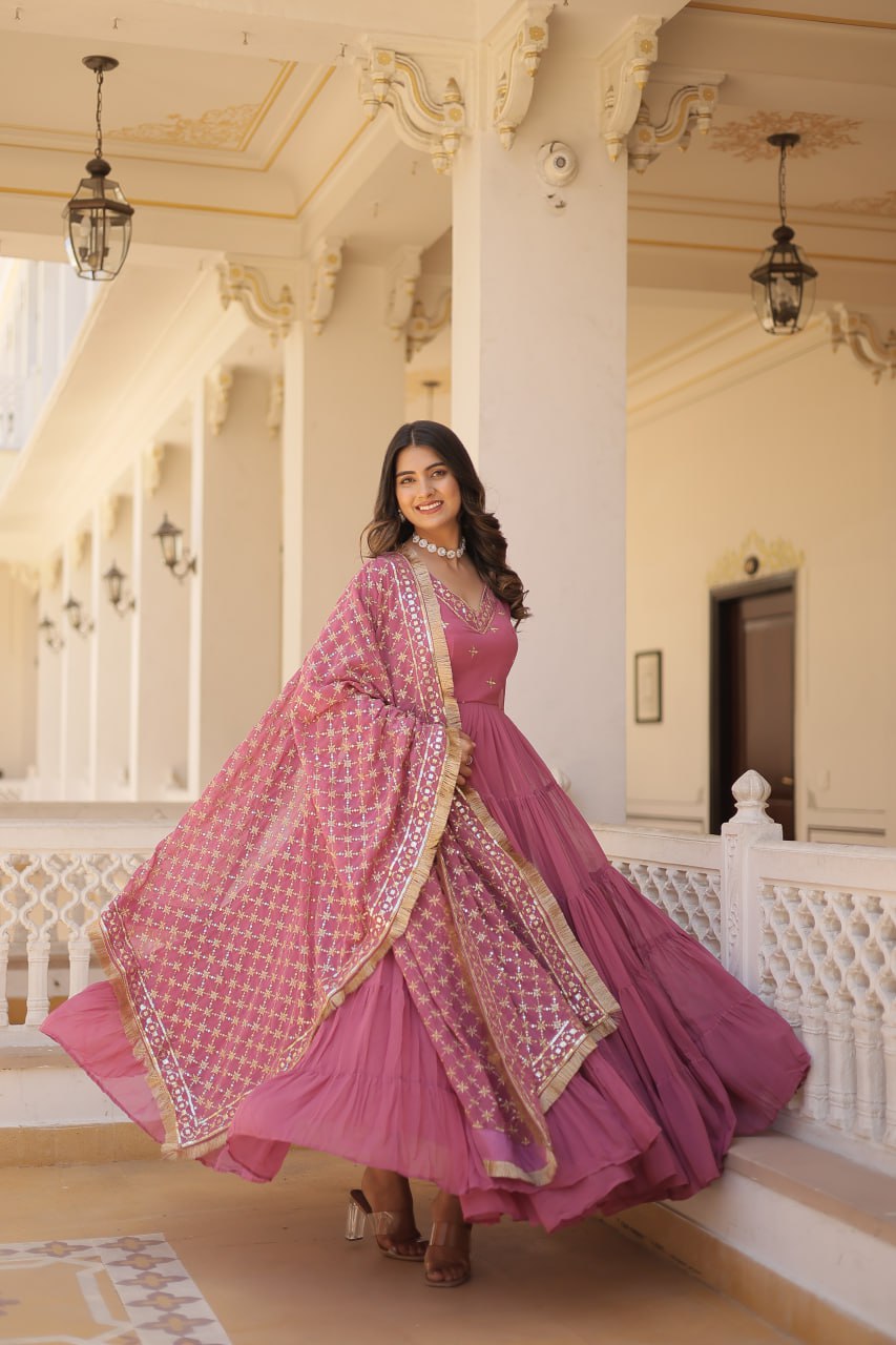 Designer Festive Wear Gown featuring Attractive Sequins Embroidery Work Gown With Dupatta