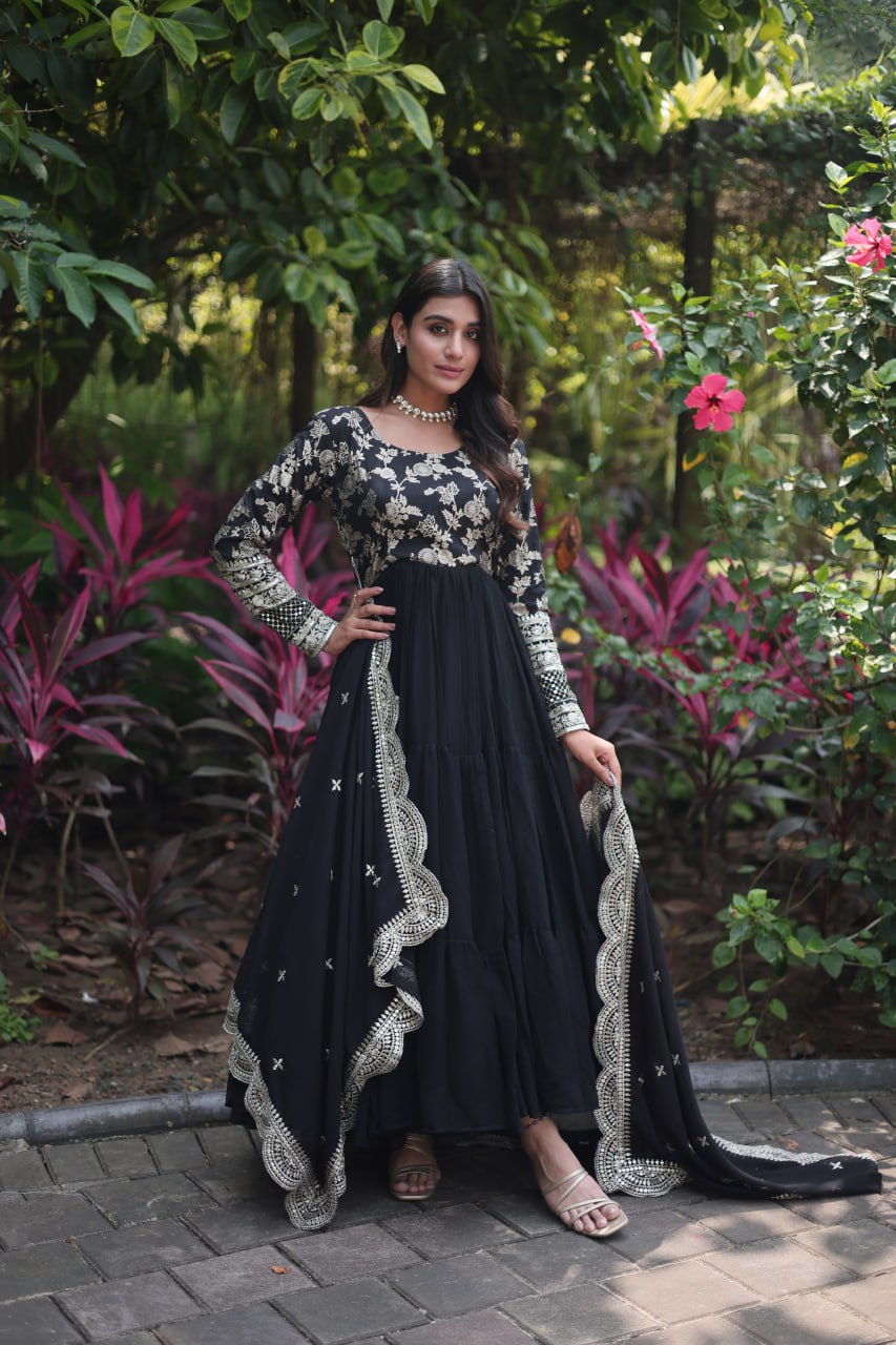 GOWN-DUPATTA COLLECTIONS Viscose Dyable Jacquard With Sequins Embroidered Work Faux Blooming Dupatta