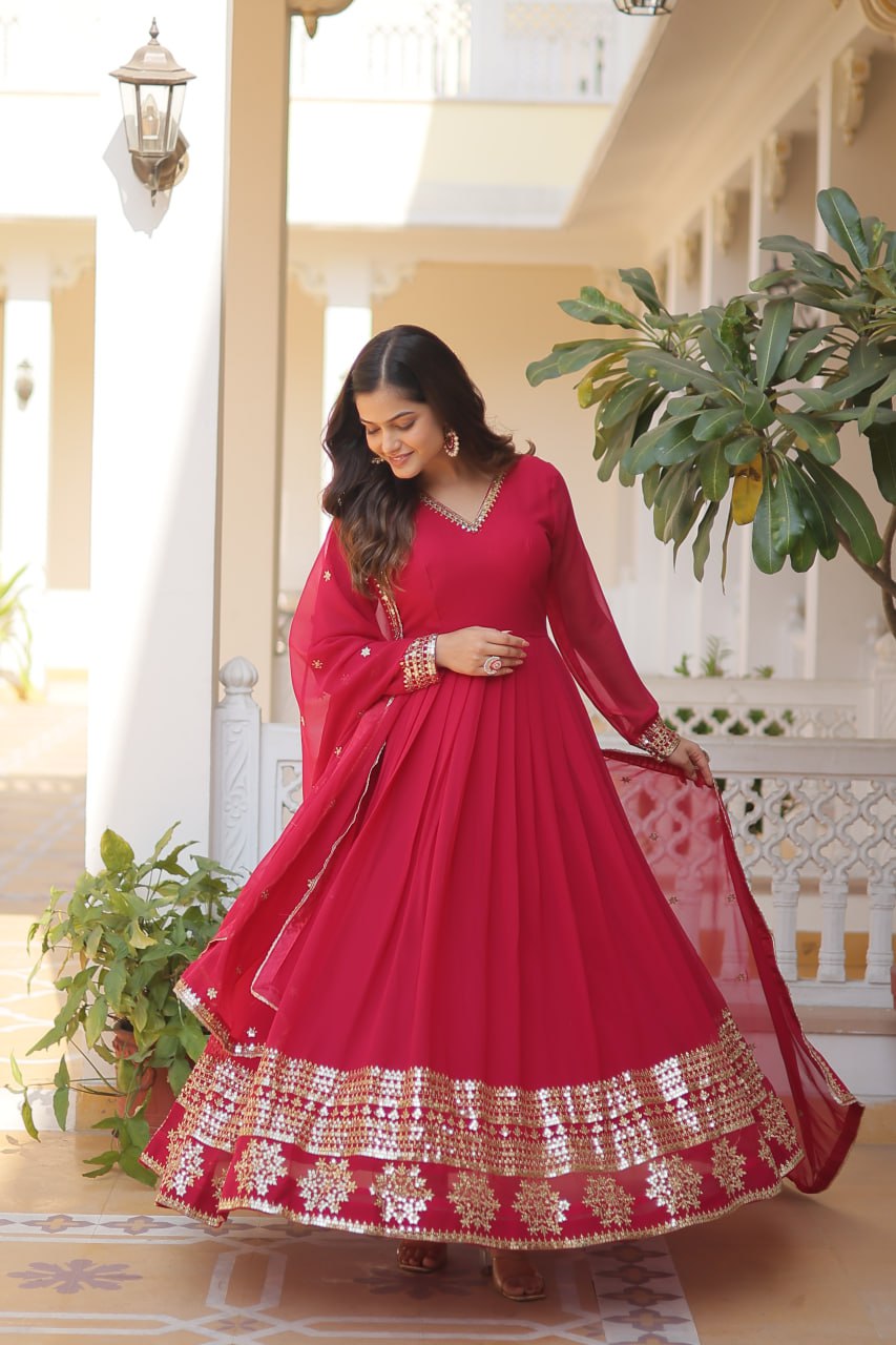 Faux Blooming Gown with Dupatta With Attractive Embroidered Sequins work gown collection