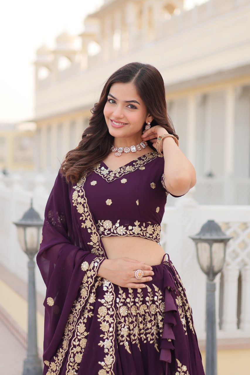Trending Wine Embroidered Fully Flaired Georgette Lehenga Made with Rich Sequins And Thread Embroidered Work