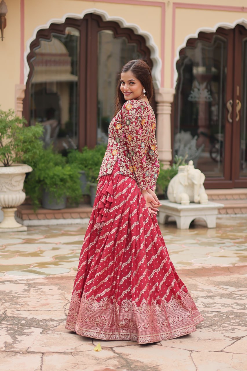 Trending Fashionable Co-ord Set with Rich Thread-Sequins Embroidered work Blouse and Dayble Viscose Lehenga
