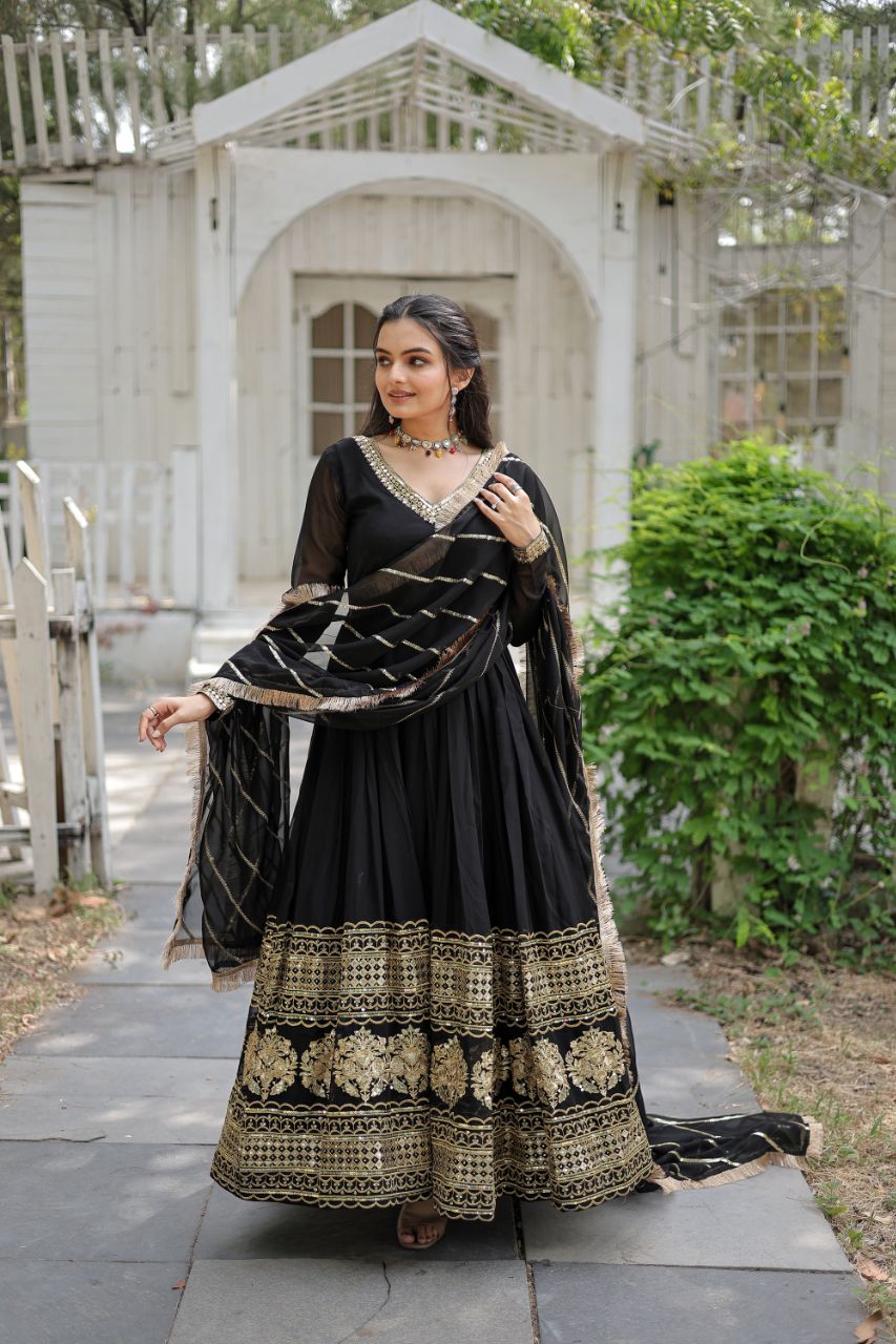 *Faux Blooming Gown with Dupatta With Attractive Embroidered Sequins work with Lace Border.