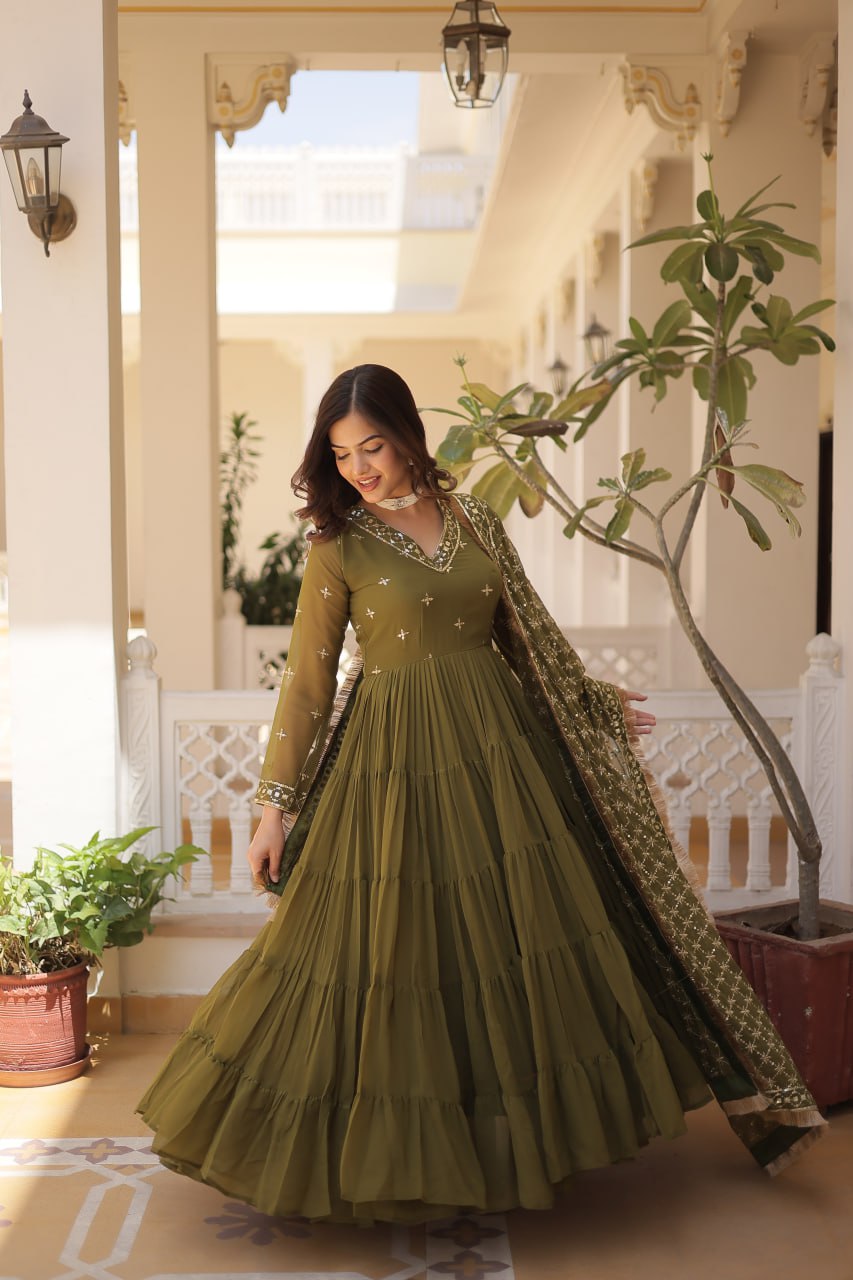 Designer Festive Wear Gown featuring Attractive Sequins Embroidery Work Gown With Dupatta