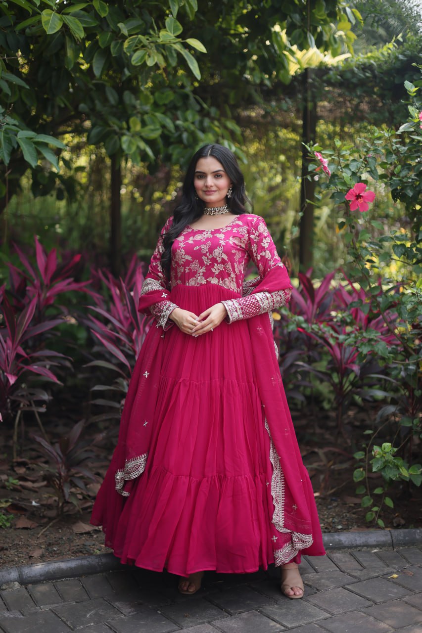 GOWN-DUPATTA COLLECTIONS Viscose Dyable Jacquard With Sequins Embroidered Work Faux Blooming Dupatta