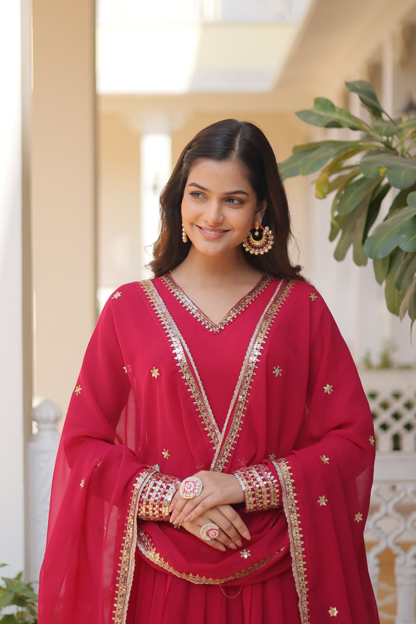 Faux Blooming Gown with Dupatta With Attractive Embroidered Sequins work gown collection