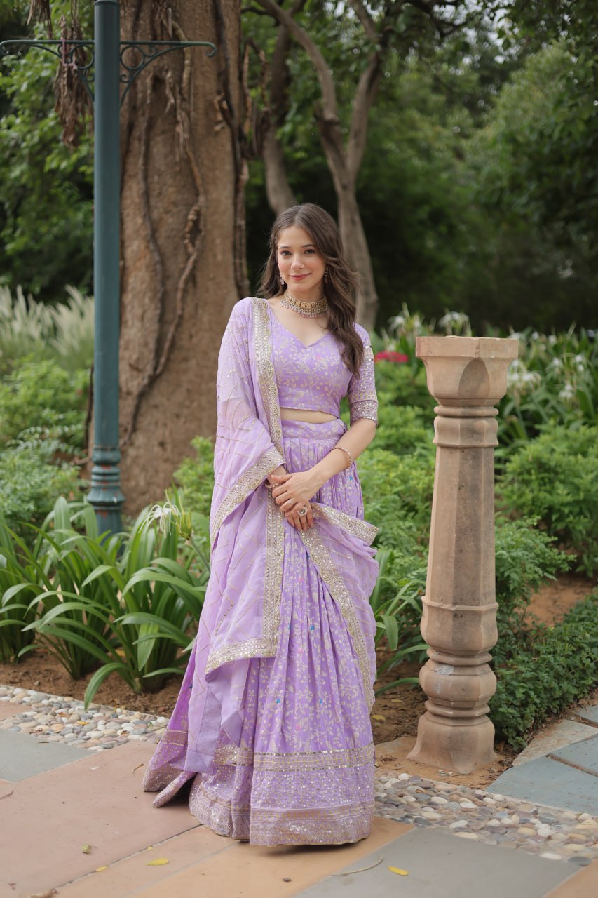 Viscose Dayble Jequard Fabric, Adorned With Intricate Sequins Embroidered Work Lehngha Collection