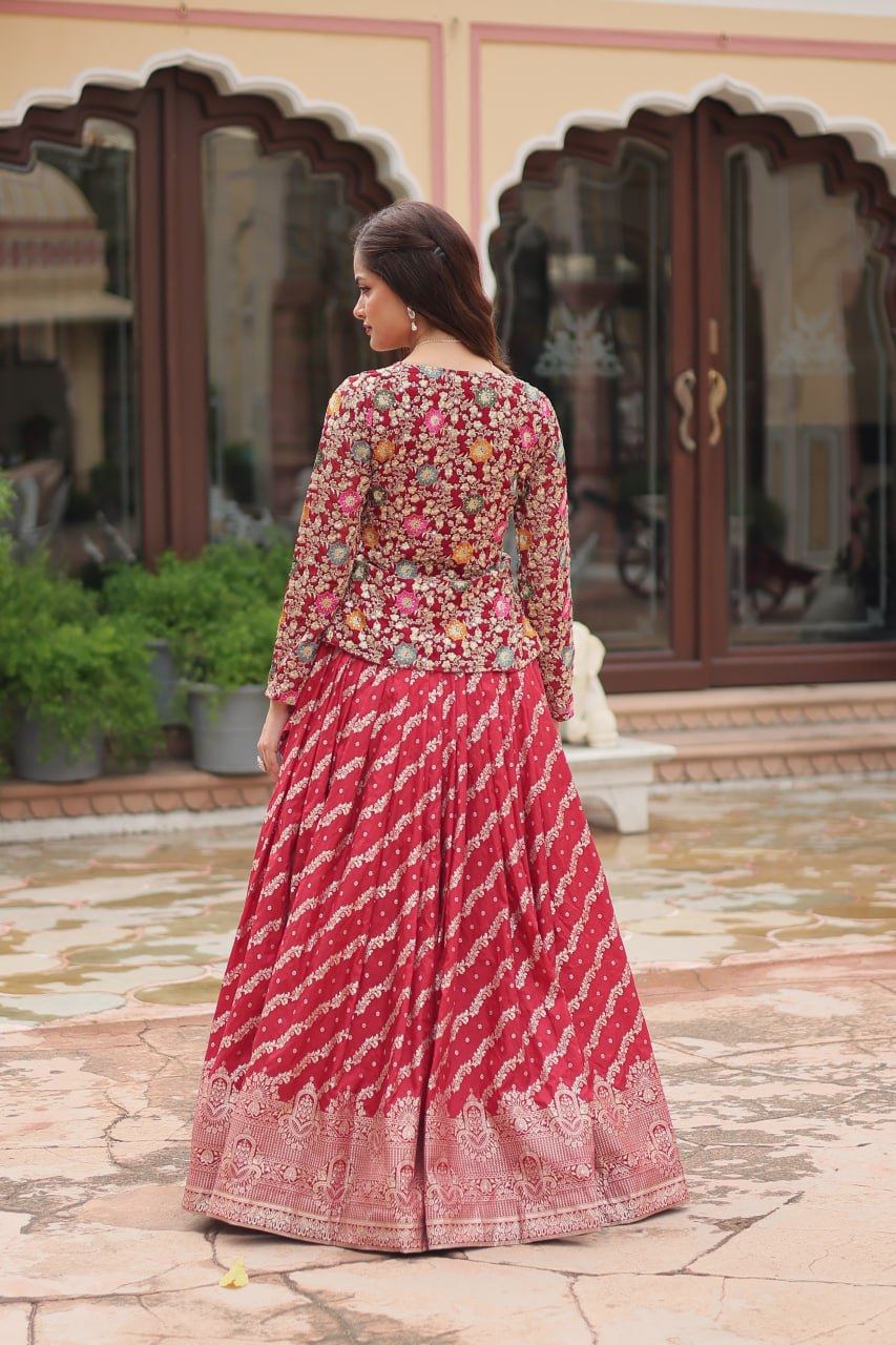 Trending Fashionable Co-ord Set with Rich Thread-Sequins Embroidered work Blouse and Dayble Viscose Lehenga