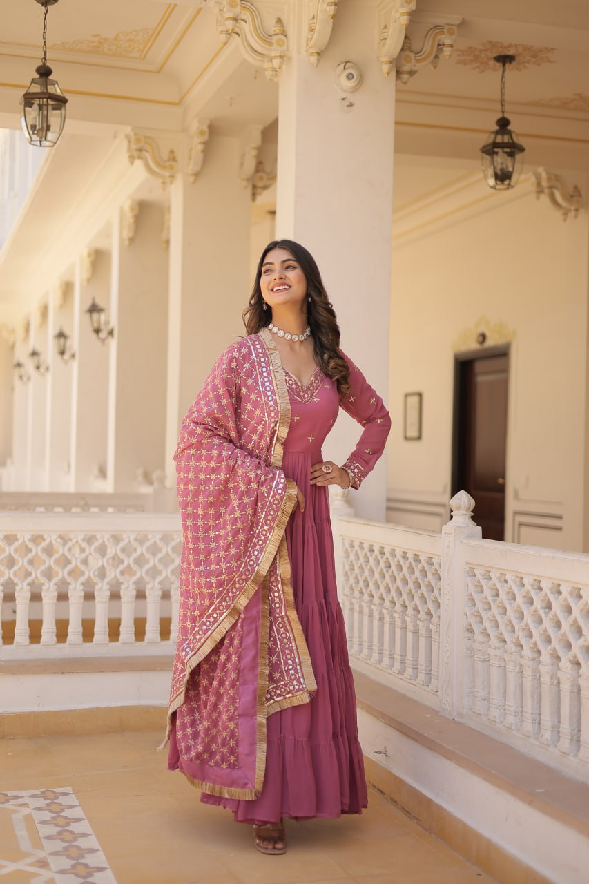 Designer Festive Wear Gown featuring Attractive Sequins Embroidery Work Gown With Dupatta