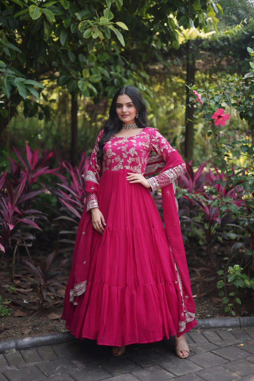 GOWN-DUPATTA COLLECTIONS Viscose Dyable Jacquard With Sequins Embroidered Work Faux Blooming Dupatta