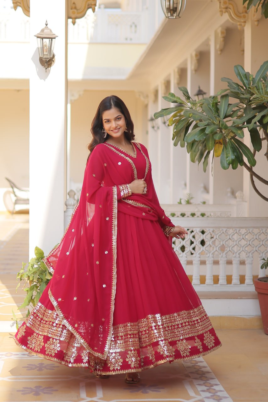 Faux Blooming Gown with Dupatta With Attractive Embroidered Sequins work gown collection