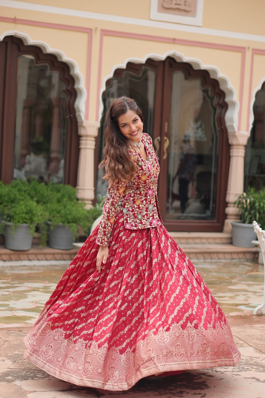 Trending Fashionable Co-ord Set with Rich Thread-Sequins Embroidered work Blouse and Dayble Viscose Lehenga